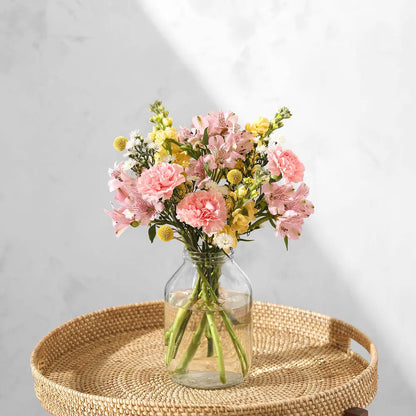 Elegant Spring Bouquet with Pink Carnations, Yellow Snapdragons, and White Daisies