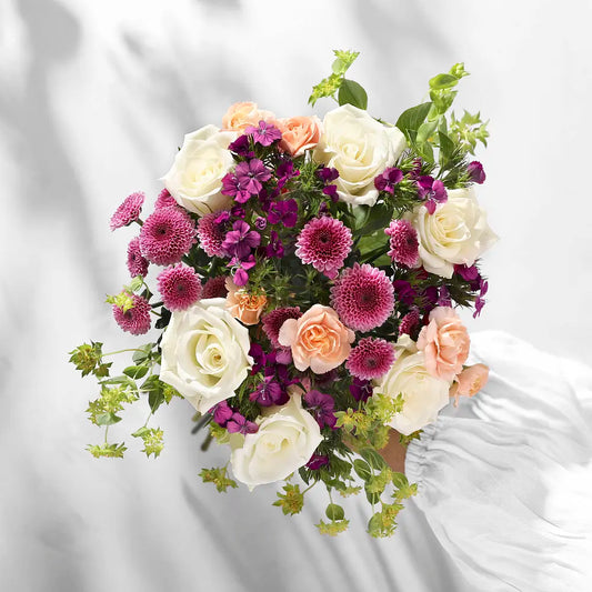 Elegant Mixed Flower Bouquet with White Roses, Peach Carnations, and Purple Chrysanthemums