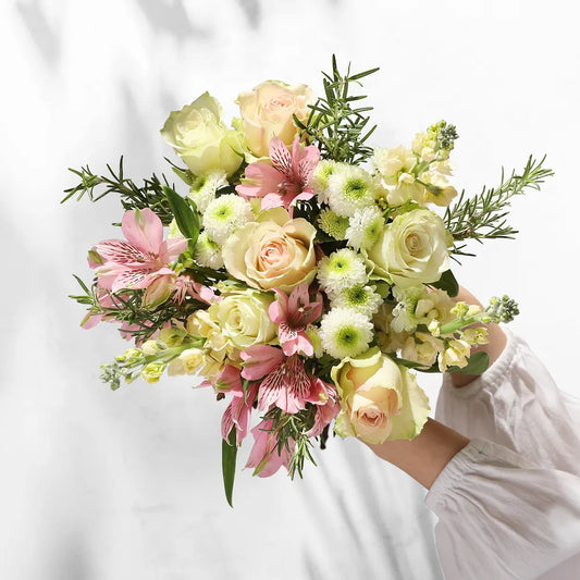 Elegant Spring Bouquet with White Roses, Pink Lilies, and Daisies