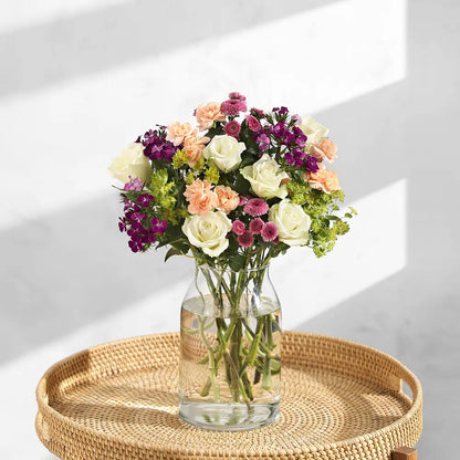 Elegant Mixed Flower Bouquet with White Roses, Peach Carnations, and Purple Chrysanthemums