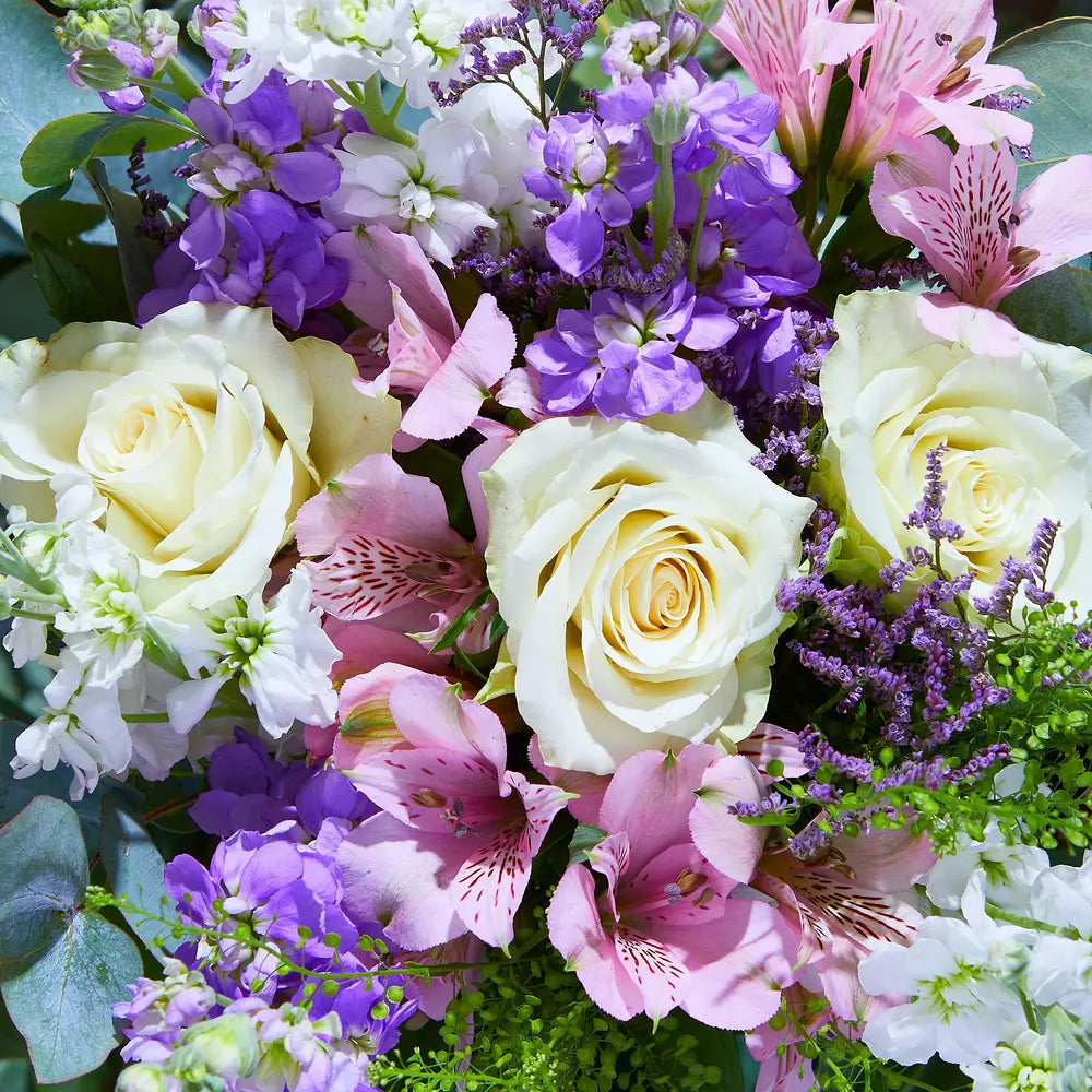 Elegant Spring Bouquet with White Roses, Pink Lilies, and Purple Stocks