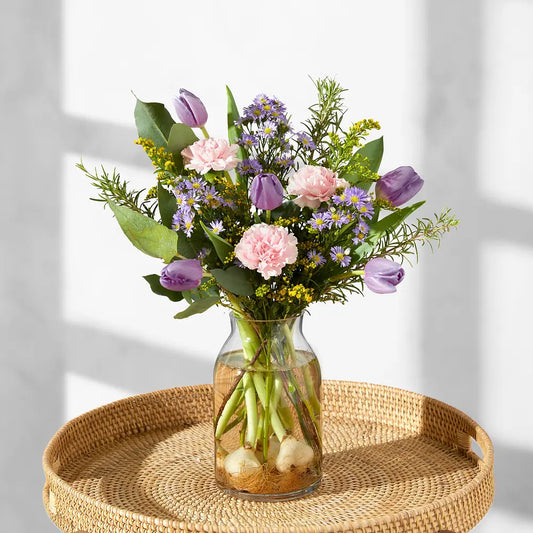 Charming Spring Bouquet with Pink Carnations, Purple Tulips, and Asters