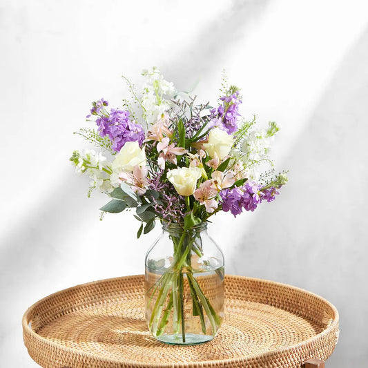 Elegant Spring Bouquet with White Roses, Pink Lilies, and Purple Stocks