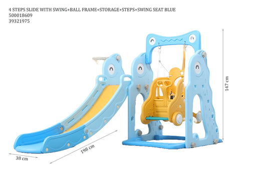 4 STEPS SLIDE WITH SWING+BALL FRAME+STORAGE+STEPS+SWING SEAT BLUE