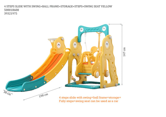 4 STEPS SLIDE WITH SWING+BALL FRAME+STORAGE+STEPS+SWING SEAT YELLOW