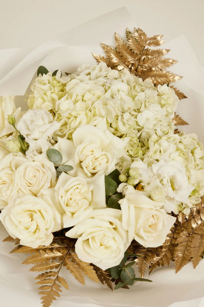 Elegant White Floral Bouquet with Golden Ferns