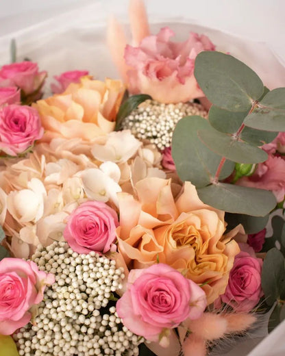 Luxurious Bouquet with Pink Roses, Peach Blooms, and White Hydrangeas