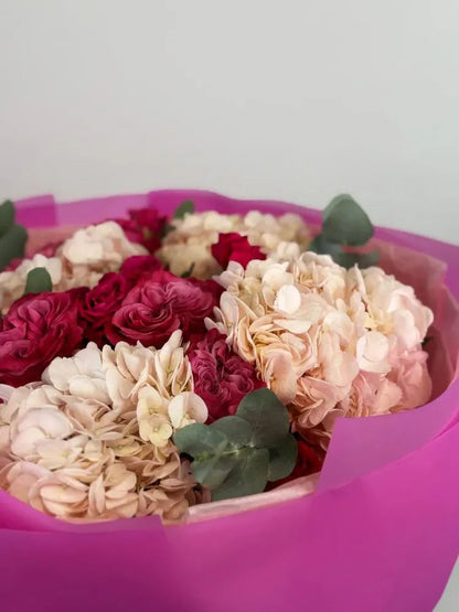 Elegant Bouquet with Light Pink Hydrangeas and Deep Pink Roses