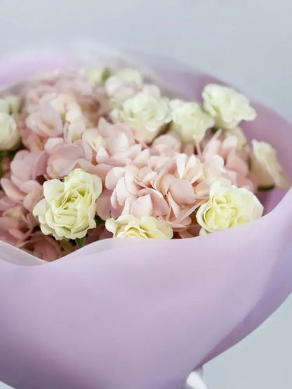 Elegant Bouquet with Soft Pink Roses and Cream Hydrangeas in Lavender Wrap