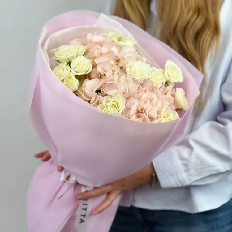 Elegant Bouquet with Soft Pink Roses and Cream Hydrangeas in Lavender Wrap