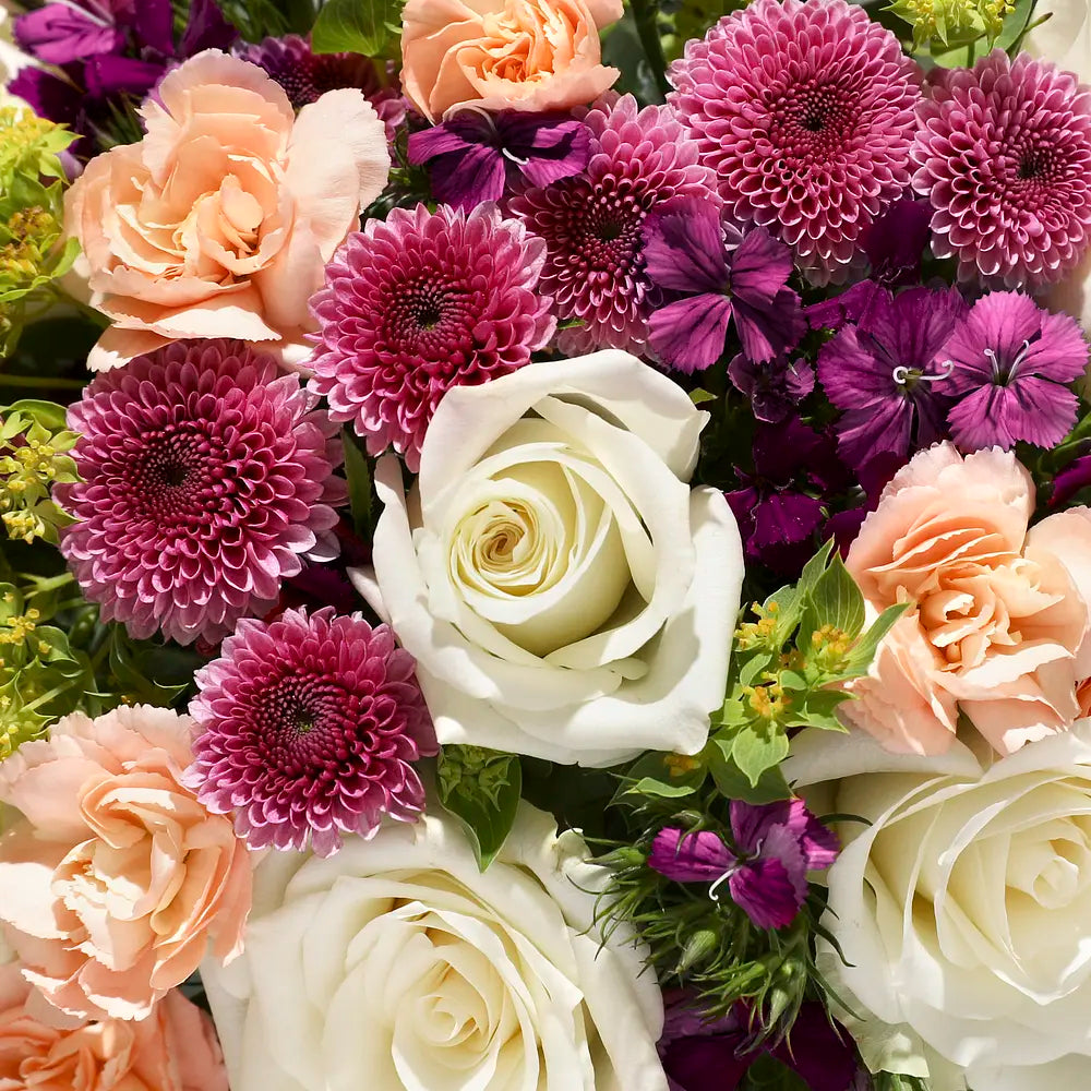 Elegant Mixed Flower Bouquet with White Roses, Peach Carnations, and Purple Chrysanthemums